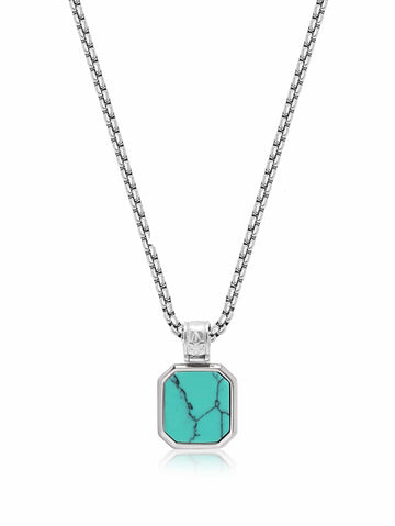 Nialaya Men's Necklace Silver Necklace with Square Turquoise Pendant